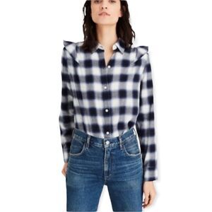 Club Monaco Evira Cotton Plaid Flannel Ruffle Button Down Shirt